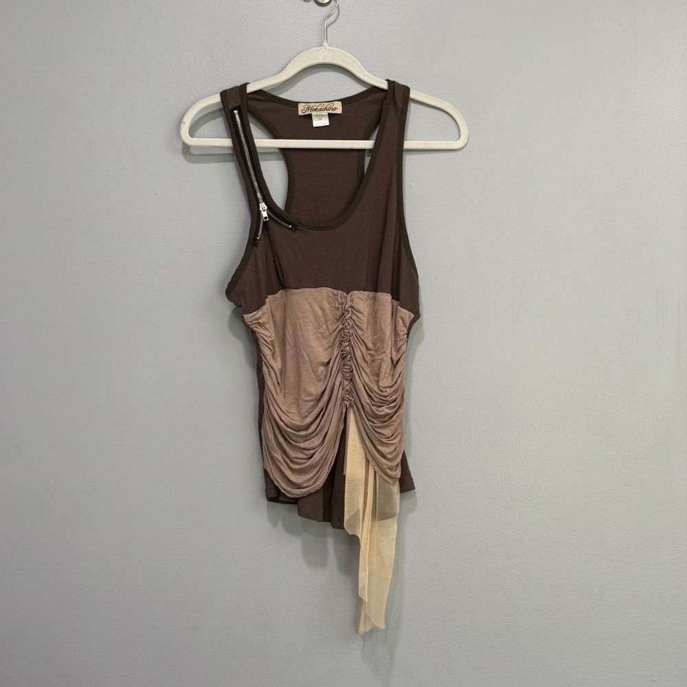Mokachino Brown Ribbed Tank Top Ruched Asymmetrical Y2K Fairycore 1X